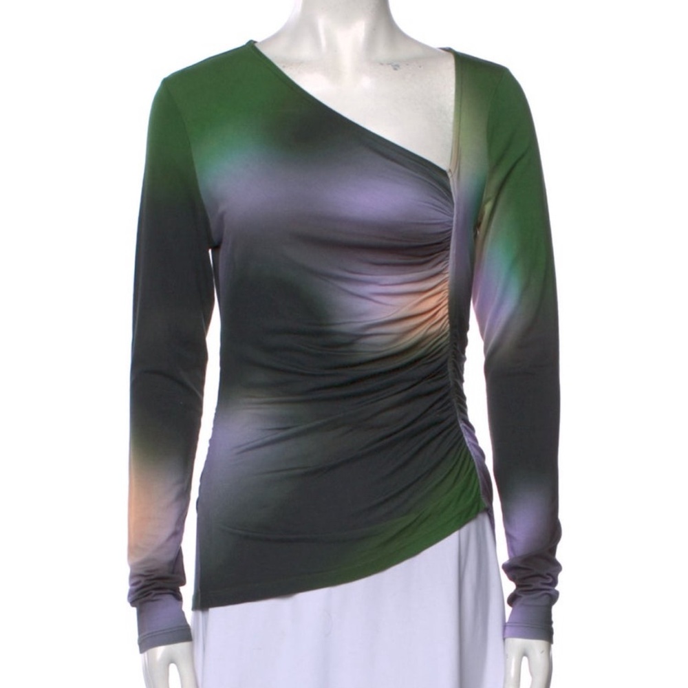 Baum Und Perfgarten Asymmetrical Ruched Long Sleeve Blouse in Purple and Green
